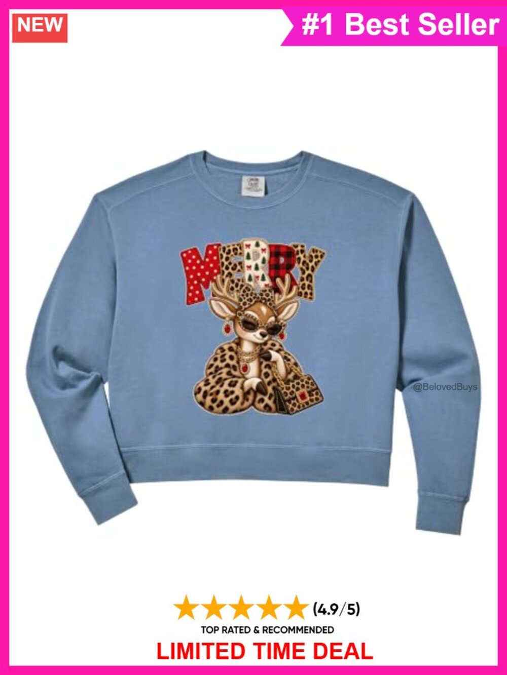 Cropped Christmas Sweatshirt Cotton Blend Crew Neck Long Sleeve Relaxed Fit